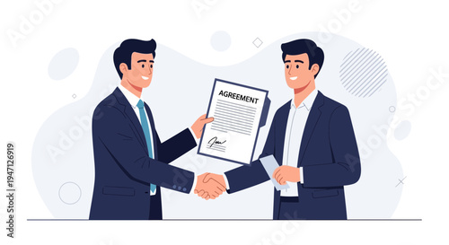 Businessmen shaking hands over agreement document, partnership deal, successful negotiation