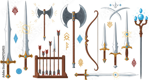 Fantasy medieval weapons collection with swords, battle axes, magic staff, bow and arrows, enchanted blades and legendary warrior gear vector illustration set