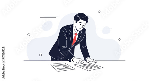 Businessman reviewing documents at desk, modern flat illustration style