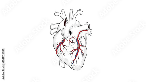 Detailed anatomical illustration of a human heart showing major arteries and veins on a clean white background.