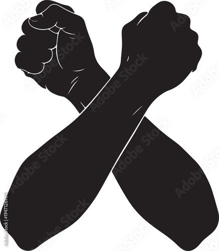 Two black clenched fists crossed in an x shape against a white background with subtle white outlines defining the knuckles and fingers also transparent background