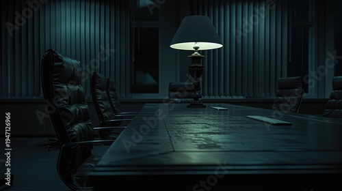Dark and Moody Conference Room with Illuminated Lamp.