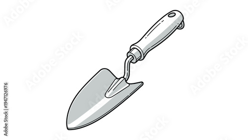 Metal garden trowel with a grey handle used for planting, digging, and gardening tasks in backyard or patio spaces.