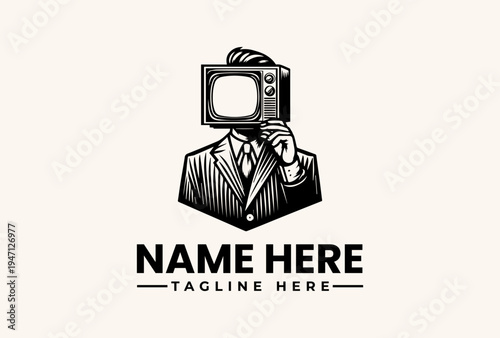 A black and white illustration of a suited man with a vintage television for a head, holding a cigarette, against a clean white background with space for a logo and tagline.