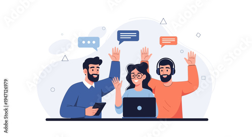 Teamwork and communication concept: diverse people raising hands with speech bubbles