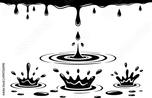 Black liquid dripping and splashing creating ripples and crowns white background