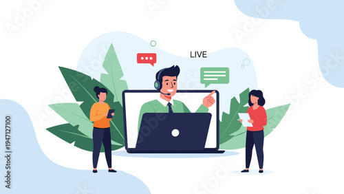 Live online training session featuring a male instructor on a laptop screen with students taking notes and using tablets.