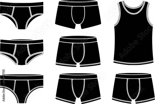 Collection of black silhouette representing men's underwear and tank white background