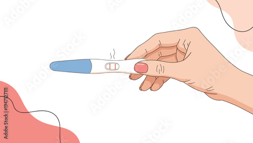 Close up of a female hand holding a positive pregnancy test with two distinct red lines on a decorative background.