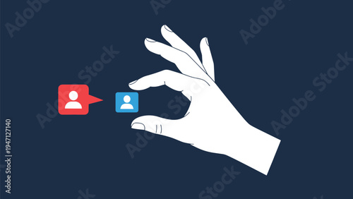 Large white hand picking up a small blue user profile icon from next to a red notification bubble on a dark background.