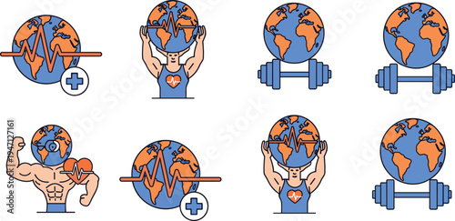 World Health Fitness Concept Vector Set Featuring Globe Weightlifting, Global Healthcare Strength, Earth Workout Icons and International Wellness Illustration