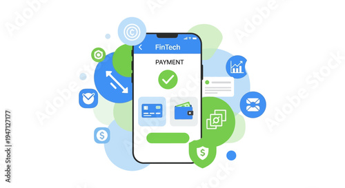 FinTech Mobile Payment Transaction. Digital Wallet and Credit Card Success on Smartphone Screen surrounded by Data Security and Banking Icons.