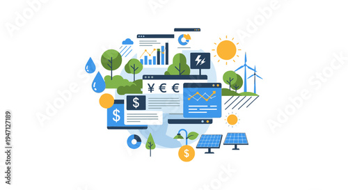 Green Finance Investment and ESG Data Analysis. Renewable Energy, Sustainability, and Economic Performance Tracking Illustration.
