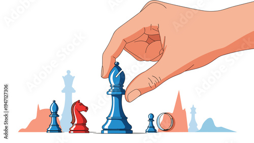Human hand strategically moving a blue bishop chess piece on a board during a competitive game of skill and tactics.