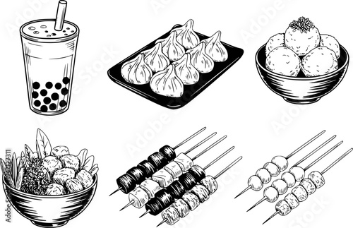 Hand drawn collection of asian food and drink white background