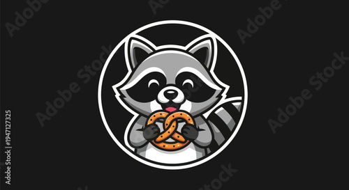 Cartoon raccoon holding pretzel on black