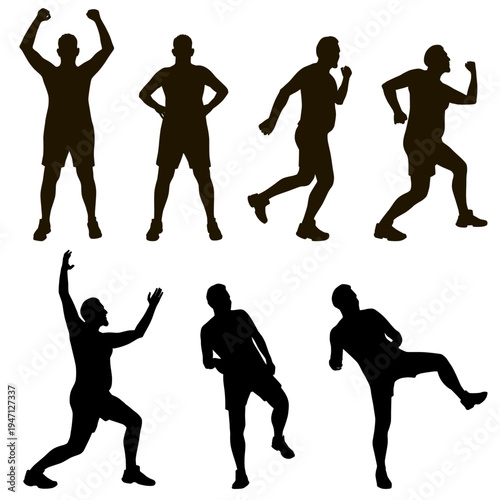 Vector silhouettes of big man worming up, doing workout and fitness exercise. Sportive illustration of training person.