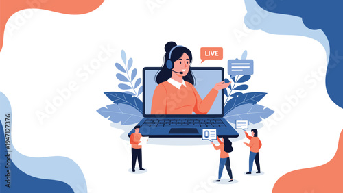 Female customer support representative appearing on a laptop screen for live help with a group of diverse users.