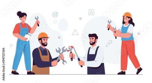 Diverse team of mechanics working together with wrenches, teamwork concept