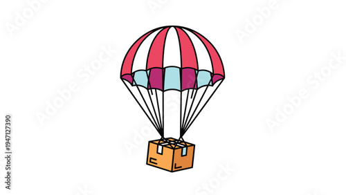Cardboard box delivery package falling safely with a red and white striped parachute against a white background.