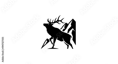 Elk silhouette and mountain range emblem