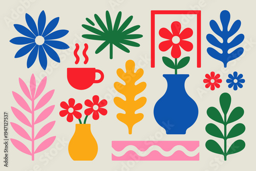 Vibrant Matisse Style Cut Paper Composition With Flowers Vases And Coffee Cup