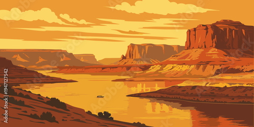 USA, US, U.S, United States - Lake Powell Sunset – Red Canyon Walls, Glowing Desert Reflections, and Panoramic Southwest Scenery in the United States