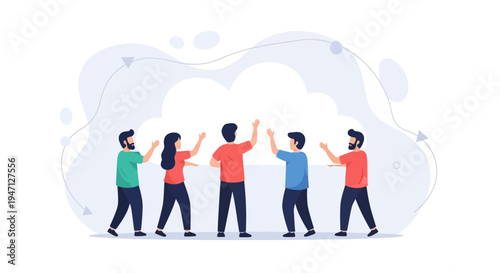 Diverse team celebrating success, waving hands in front of cloud graphic