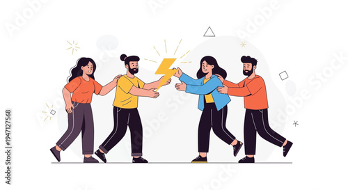 Teamwork and collaboration: people passing a lightning bolt symbol, symbolizing ideas and energy
