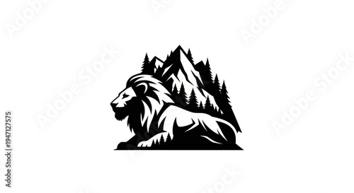 Lion resting in mountainous nature scene