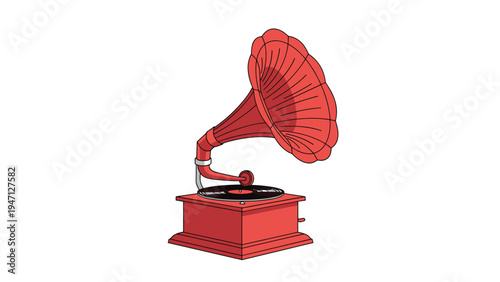 Red vintage gramophone with a large horn and a vinyl record spinning on its turntable for playing retro music.