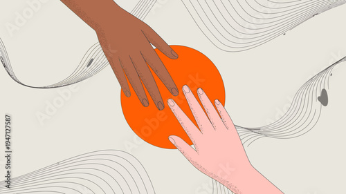 Two hands differing skin tones reach towards and touch a vibrant orange circle against a neutral lined background high quality professional detailed modern elegant stylish clean