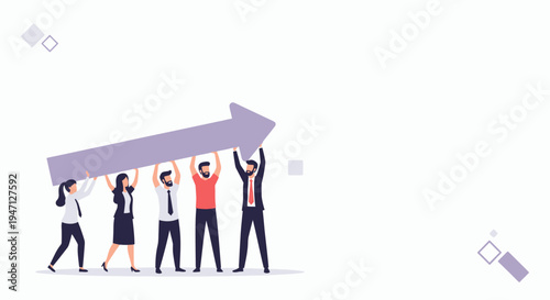 Teamwork, business growth, and success: people lifting a purple arrow upwards.