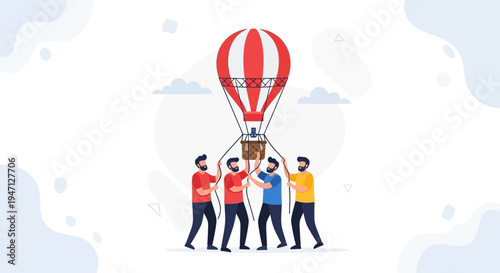 Teamwork, collaboration and success: people lifting hot air balloon basket