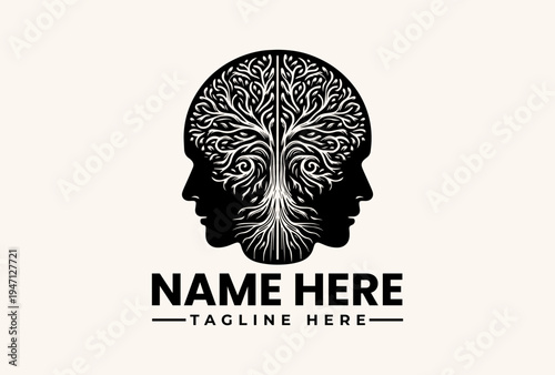 Black and white illustration of a logo featuring two human heads with a tree design in the brain area and placeholder text on a beige background.
