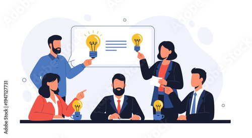 Team Brainstorming Meeting: People with Lightbulb Ideas at Table