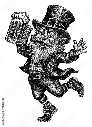 leprechaun holding frothy mug of beer joyful in mid-leap isolated traditional Irish attire hand drawn line art St. Patrick’s Day sketch illustration transparent background