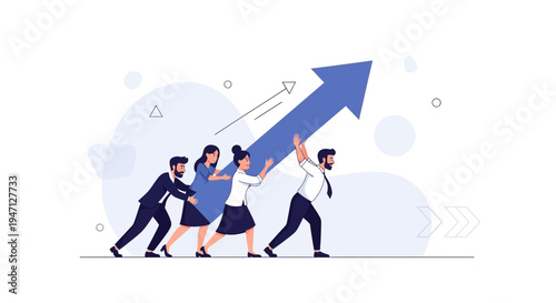 Teamwork pushing blue arrow up, business growth, success, collaboration, strategy, upward trend