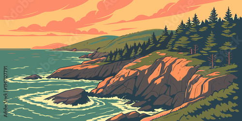 USA, US, U.S, United States - Acadia National Park Sunrise – Rocky Coastal Cliffs, Atlantic Ocean Waves, and Dramatic Seaside Panorama in the United States