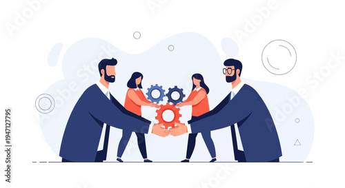 Teamwork and Collaboration: People assembling gears for business success