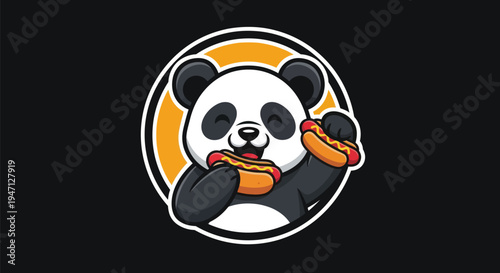 Cartoon panda enjoying hot dogs