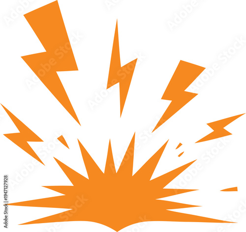 Orange explosion graphic with radiating lightning bolt shapes on white burst energy