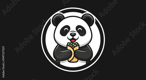 Cartoon panda holding food black background
