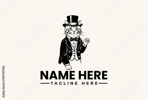 Black and white illustration of a debonair cat in a top hat and tuxedo with a placeholder name and tagline on a clean background.
