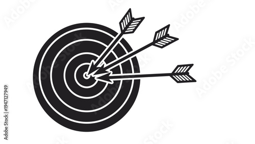 Three arrows hitting the bullseye of a black and white circular target representing success, accuracy, and goal achievement.