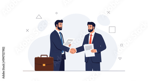 Businessmen shaking hands over a deal, with a briefcase and documents.