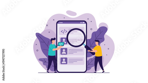 Users searching through a mobile application database with a large magnifying glass for profiles and coding data.