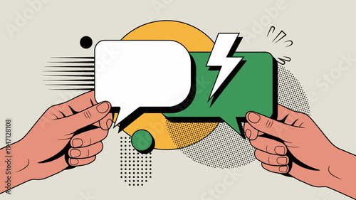 An illustration depicts two hands presenting a speech bubble with a lightning bolt symbolizing a powerful or innovative idea high quality professional detailed modern elegant stylish