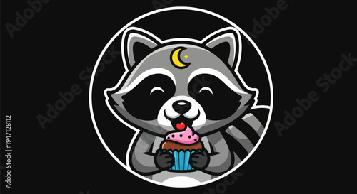 Cartoon raccoon enjoying a cupcake