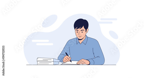 Young man writing at a desk with books, studying or working, minimalist illustration